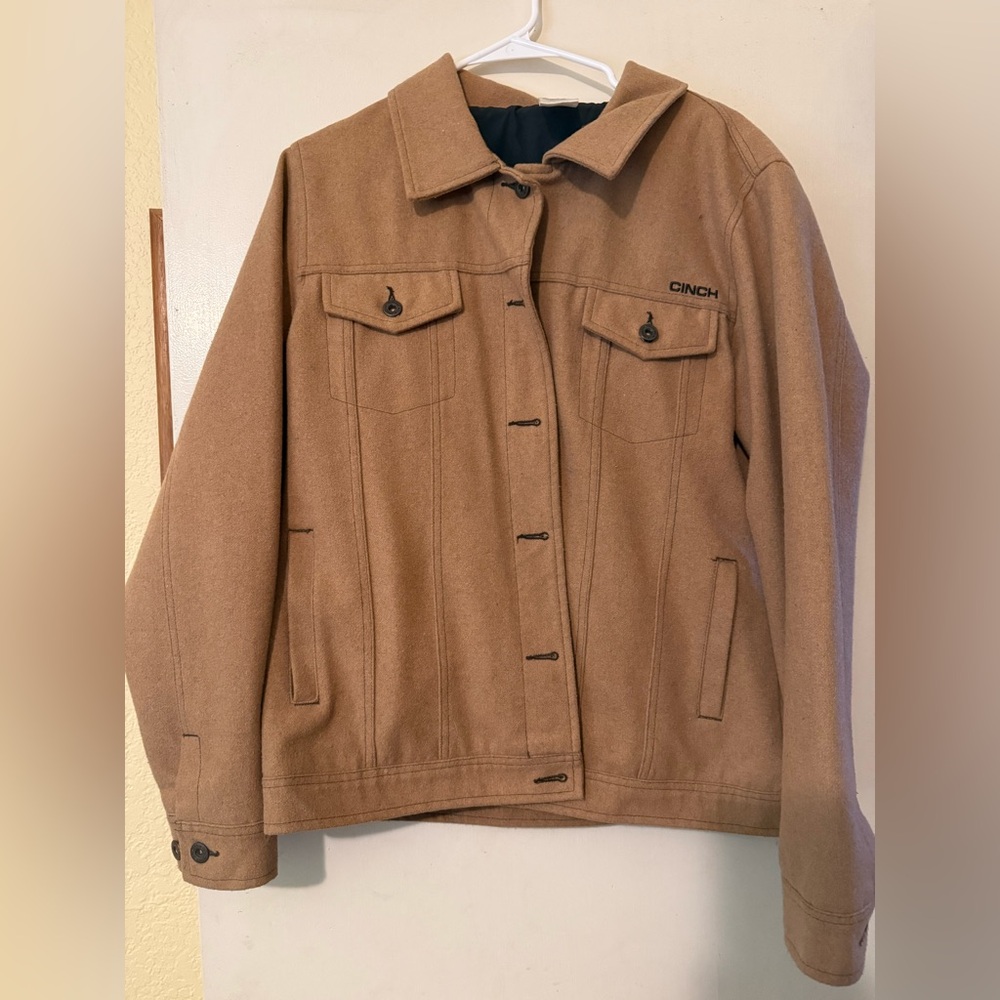 Women’s XL Tan Wool Blend Cinch Trucker Style Button Up Jacket